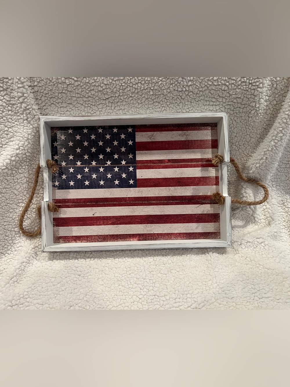 AMERICAN FLAG rustic distressed wooden serving tray, with rope handles, 18”